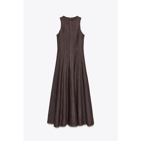 ZARA CONTRAST TOPSTITCHING MIDI DRESS - Picture 1 of 7